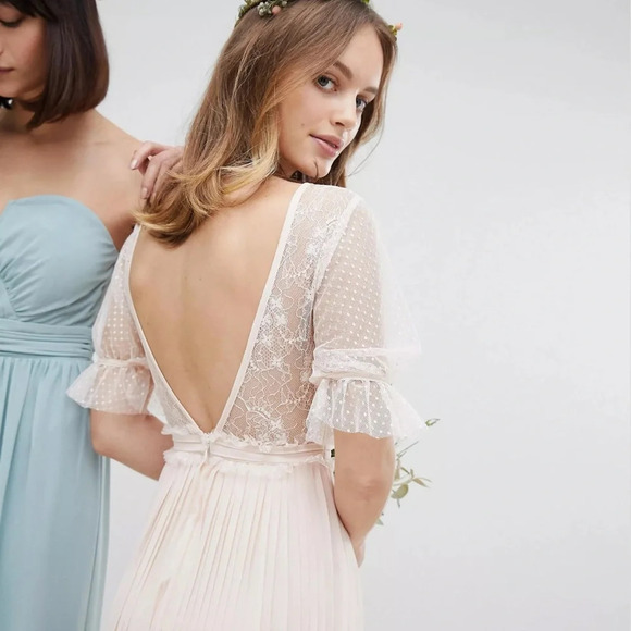 TFNC London Pleated Maxi Bridesmaid Dress With Spot Mesh Frill Detail - Picture 3 of 11